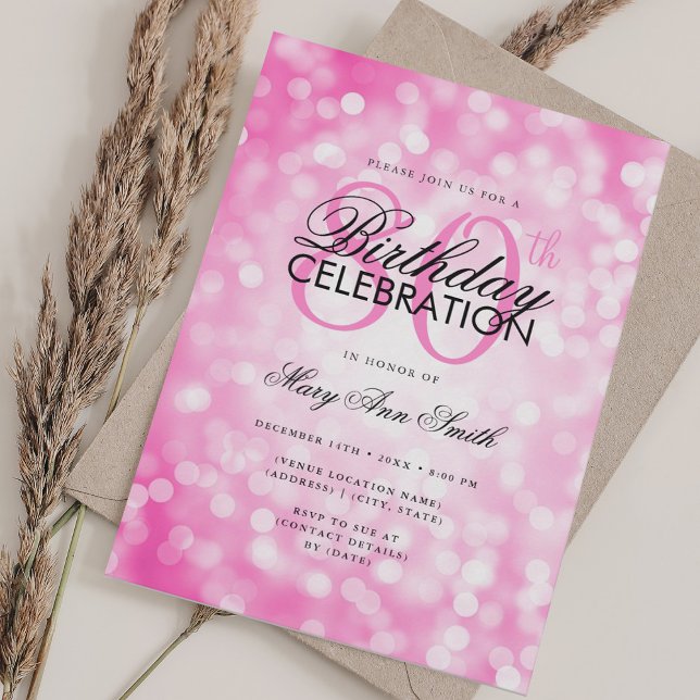 Convites Elegante 80 de Birthday Glam Rosa Quente Brilhante (Elegant 80th Birthday Glam Pink Hot Shimmer Light Invitation)