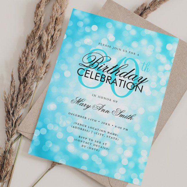 Convites Elegante 80 de Birthday Glam Turquoise Shimmer Lig (Elegant 80th Birthday Glam Turquoise Shimmer Light Invitation)