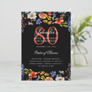 Convites Elegante 80 Floral Birthday Program Menu Preto