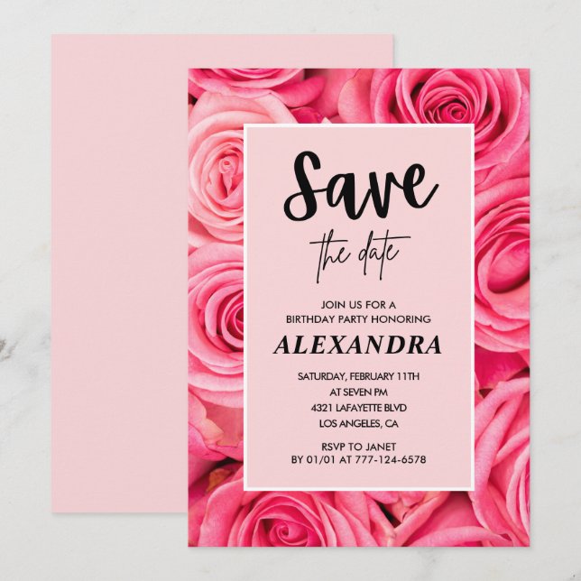 Convites Elegante 86º aniversário Rosa Rosa Salve a data (Frente/Verso)