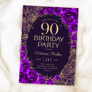 Convites Elegante 90º Aniversário Roxo Dourado Floral