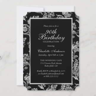 Convites Elegante 90 de Natal preto e prateado