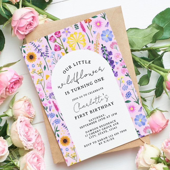 Convites Elegante A Nossa Pequena Garota Selvagem Primeiro  (Spring Wildflower Girl's Birthday Invitation)