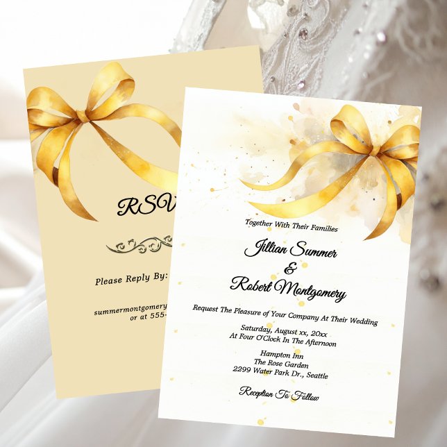 Convites Elegante Acessório de Fita Dourada Casamento (Elegant Gold Ribbon Accent Wedding Invitation)
