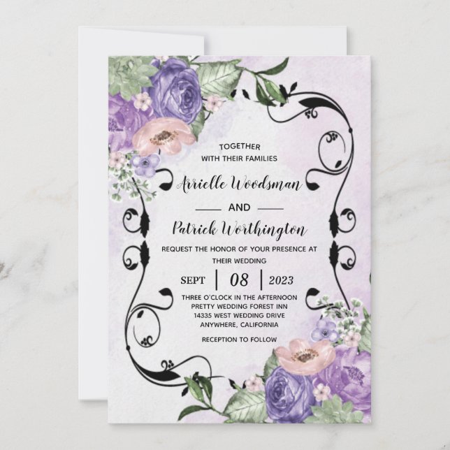 Convites # Elegante Aéreo Boho Floral Roxo & Prata Casament (Frente)