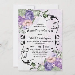 Convites # Elegante Aéreo Boho Floral Roxo & Prata Casament