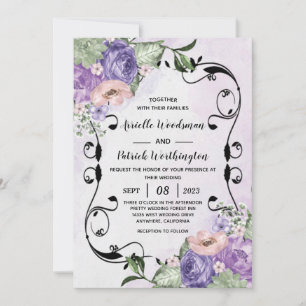 Convites # Elegante Aéreo Boho Floral Roxo & Prata Casament