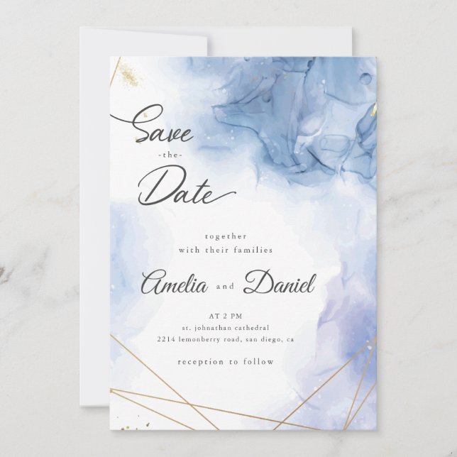 Convites Elegante Ágata Azul casamento Save the Date (Frente)