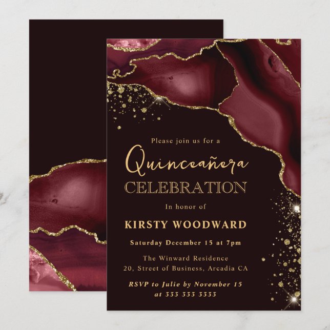 Convites Elegante Ágata Borgonha & Ouro Quinceañera (Frente/Verso)