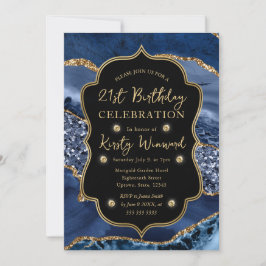 Convites Elegante Ágata Brilhante Azul e Dourado Aniversári