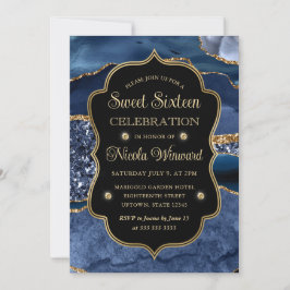 Convites Elegante Ágata Brilhante Azul e Dourado Sweet Sixt