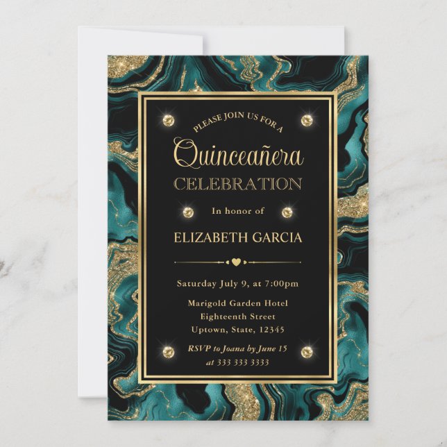Convites Elegante Ágata Brilhante Azul Turquesa e Dourado Q (Frente)