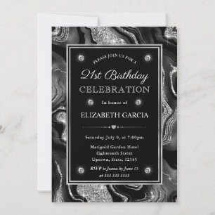 Convites Elegante Ágata Brilhante Preta e Prata para Aniver