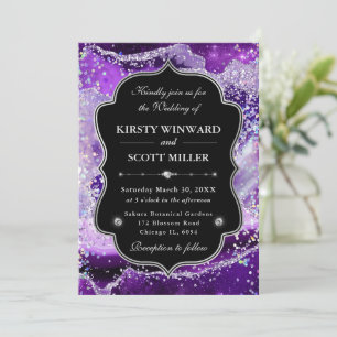 Convites Elegante Ágata Brilhante Roxo & Prata Casamento