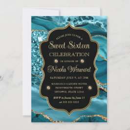 Convites Elegante Ágata Brilhante Turquesa e Dourado Sweet 
