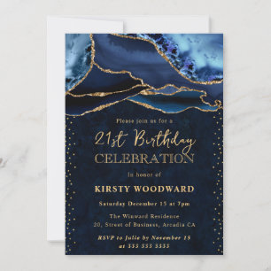 Convites Elegante Ágata Brilho Azul e Dourado Aniversário d