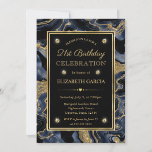 Convites Elegante Ágata Brilho Azul e Dourado Aniversário d