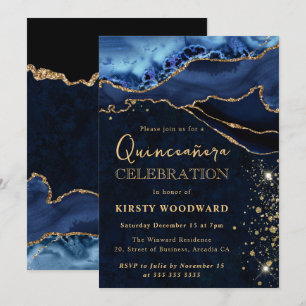 Convites Elegante Ágata Brilho Azul e Dourado Quinceanera