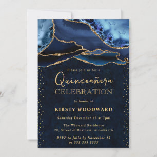 Convites Elegante Ágata Brilho Azul e Dourado Quinceanera