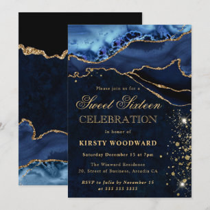 Convites Elegante Ágata Brilho Azul e Dourado Sweet 16