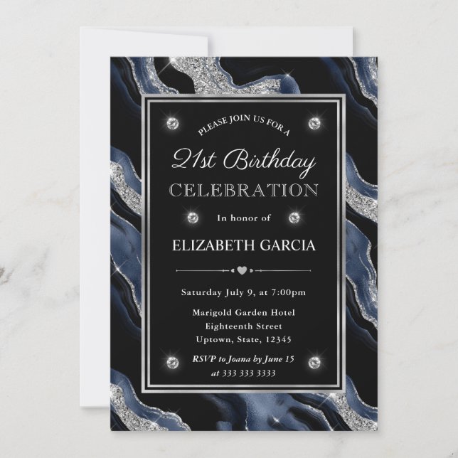 Convites Elegante Ágata Brilho Azul e Prata Aniversário de  (Frente)