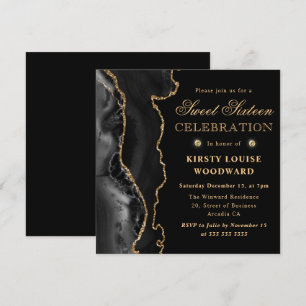Convites Elegante Agata Brilho Preto e Dourado Sweet Sixtee