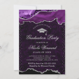Convites Elegante Ágata Mármore Roxo e Prata Graduação