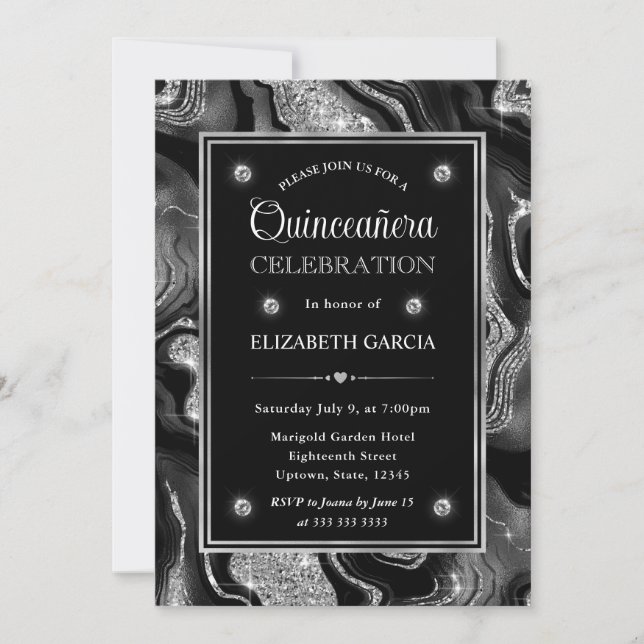 Convites Elegante Ágata Quinceanera com Brilho Preto e Prat (Frente)