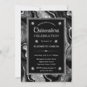 Convites Elegante Ágata Quinceanera com Brilho Preto e Prat