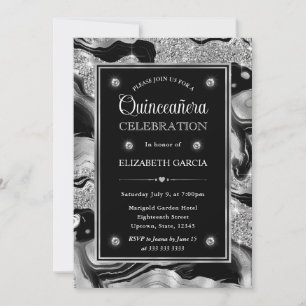 Convites Elegante Agata Quinceanera com Brilho Preto e Prat