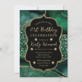 Convites Elegante Ágata Verde e Dourado Brilhante Aniversár