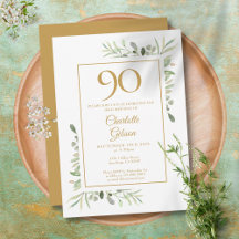 Elegante Água-forte Dourada Folhagem 90º Aniversár