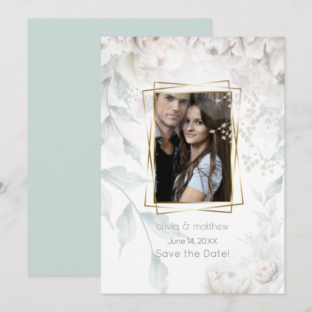 Convites Elegante Alabastro White Peonies (Frente/Verso)