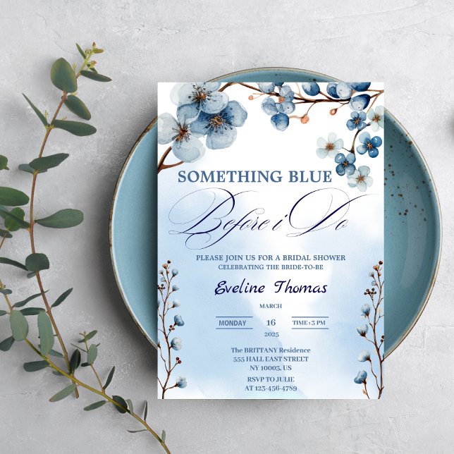 Convites Elegante Algo Azul Antes de Eu Fazer Chá de Bebê d ( Something Blue Before I Do Bridal shower blue white watercolor typography victorian luncheon brunch)