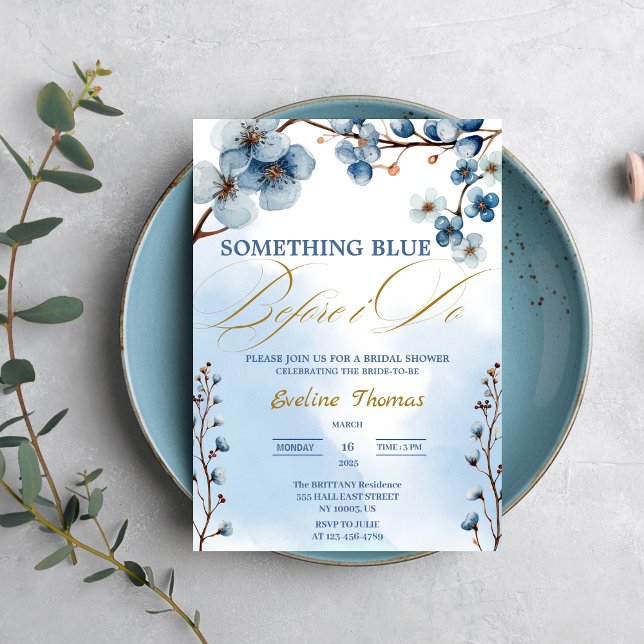 Convites Elegante Algo Azul Antes Que Eu Faça Chá de panela (Elegant Something Blue Before I Do Bridal Shower watercolor navy blue gold chic elegant her bride )