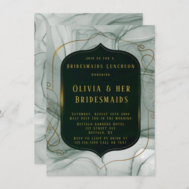 Convites Elegante Almoço do Emerald Green Dourado Frame Bru (Frente/Verso)