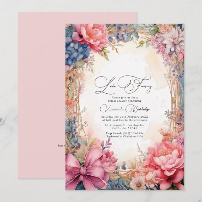 Convites Elegante Amor Fancy Floral Chá de Noiva Código QR (Frente/Verso)