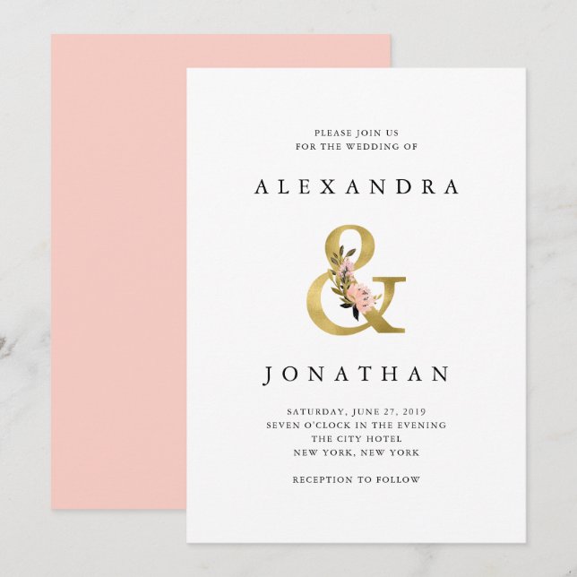 Convites Elegante Ampersand | Casamento Dourado e Blush (Frente/Verso)