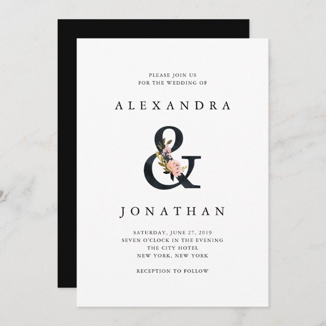 Convites Elegante Ampersand | Casamento Negro e Branco (Frente/Verso)