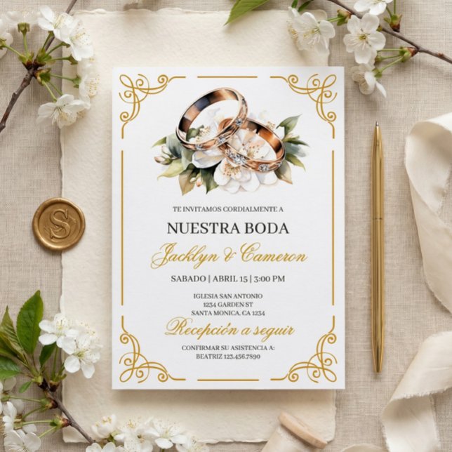 Convites Elegante Anel Floral Branco Casamento Espanhol (Criador carregado)