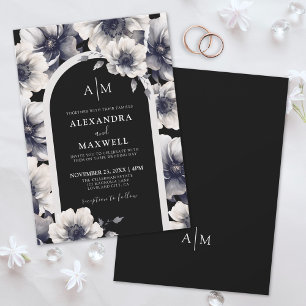 Convites Elegante Anêmona Floral Preto Branco Casamento