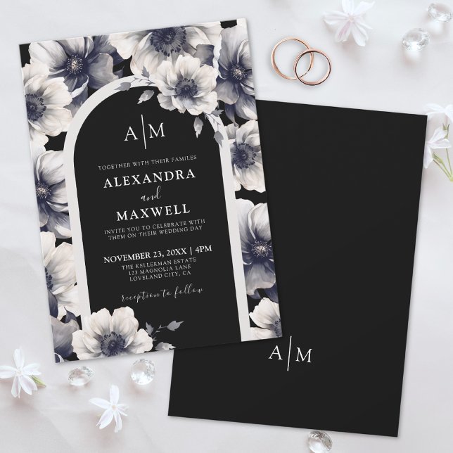 Convites Elegante Anêmona Floral Preto Branco Casamento (Elegant Anemone White Black Floral Wedding Invitation)