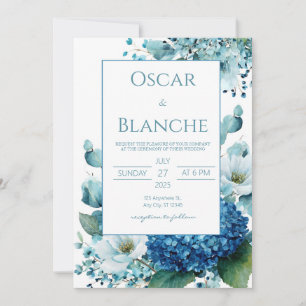 Convites Elegante Anêmona Hortênsia Azul Aquarela Casamento