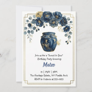 Convites Elegante Aniversário Abelha Floral Dourada Marinho