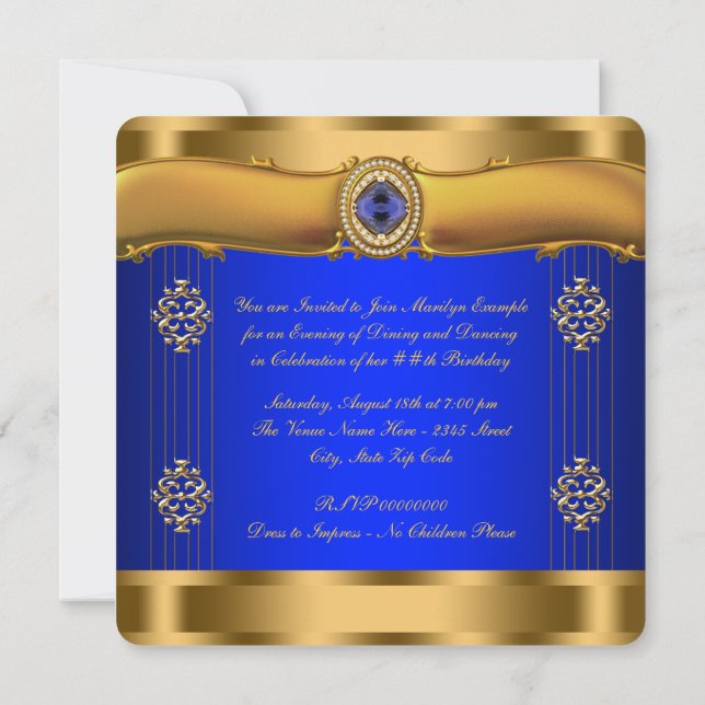 Convites Elegante Aniversário Azul Real e Dourado (Verso)