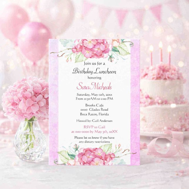 Convites Elegante Aniversário Botânico Rosa (Celebrate in style with this watercolor floral birthday luncheon invitation featuring pink hydrangea)