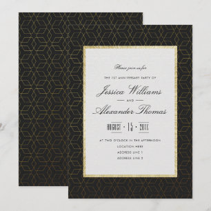 Convites Elegante Aniversário de 1º Casamento em Ouro e Pre