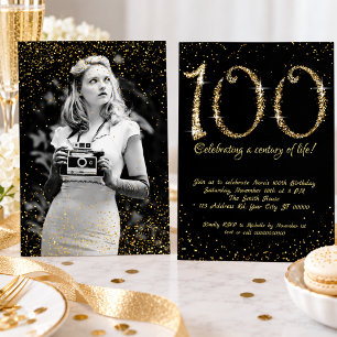 Convites Elegante Aniversário de 100 anos Preto e Dourado B