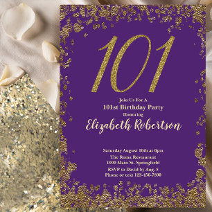 Convites Elegante Aniversário de 101 anos Roxo e Dourado