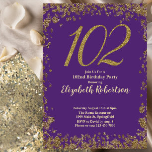 Convites Elegante Aniversário de 102 anos em Roxo e Dourado